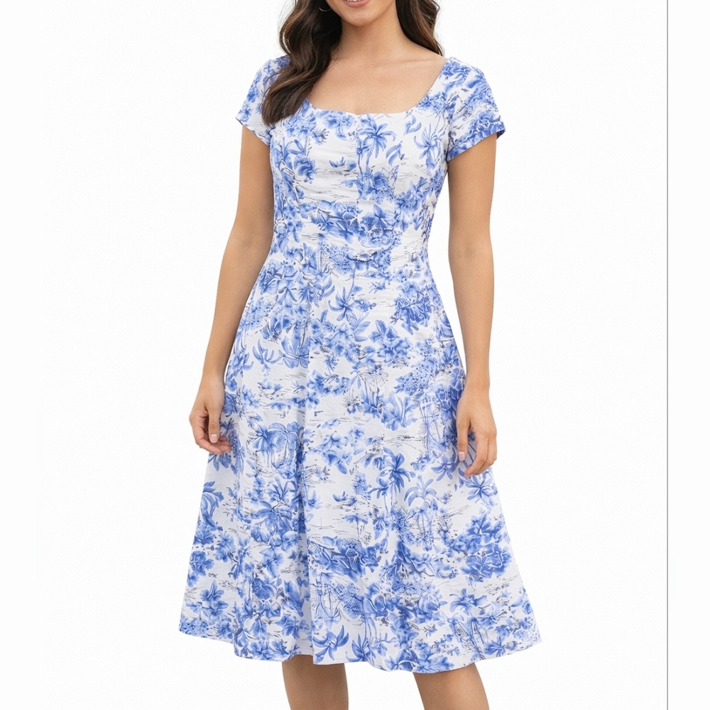 Joie Blue & White Tropical Toile Print Square Neck Fit & Flare Midi Dress